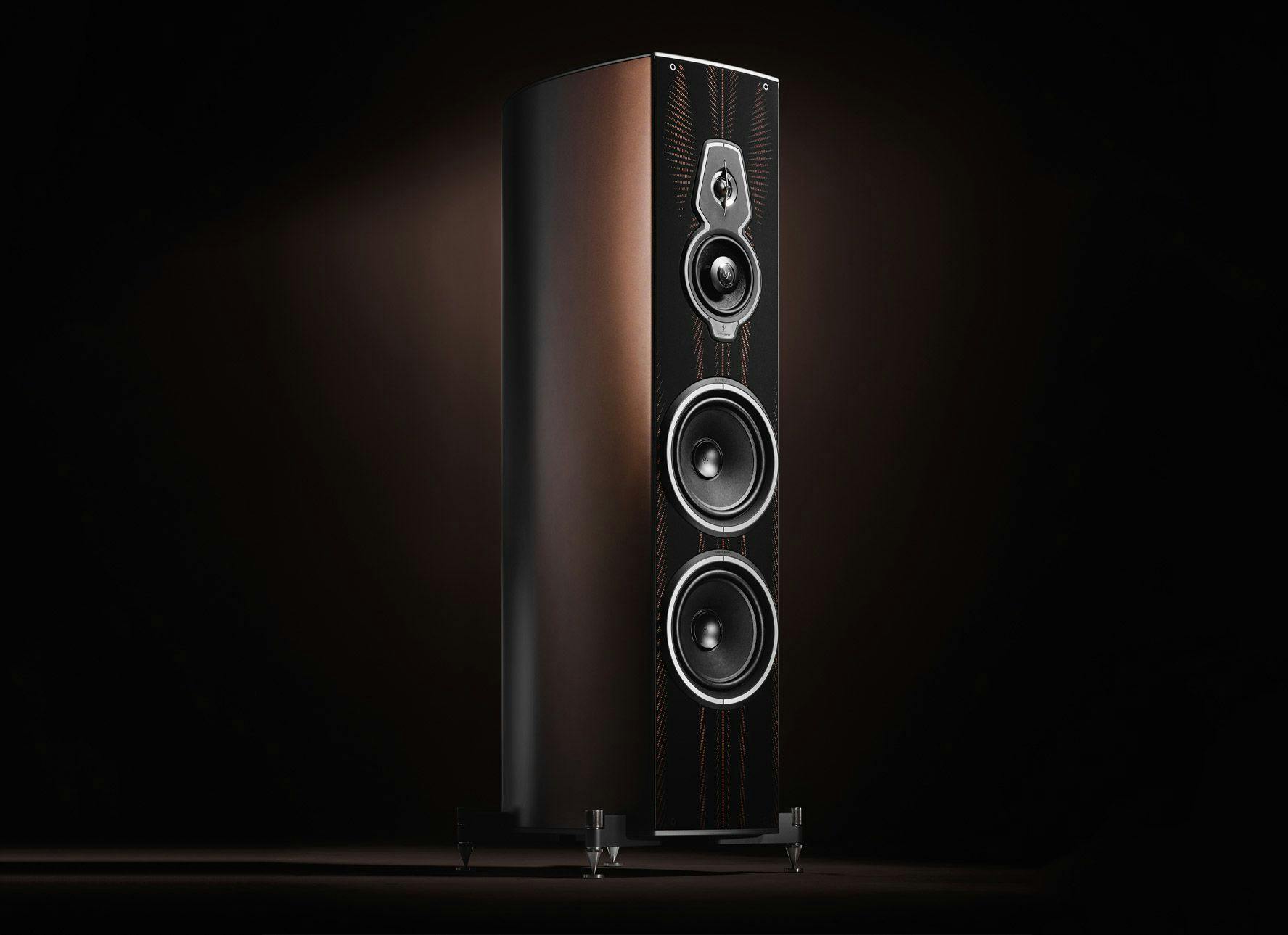 A Maserati-inspired high-fidelity floor-standing speaker by Sonus Faber, part of the Amati Folgore collection, showcasing a sleek dark finish.