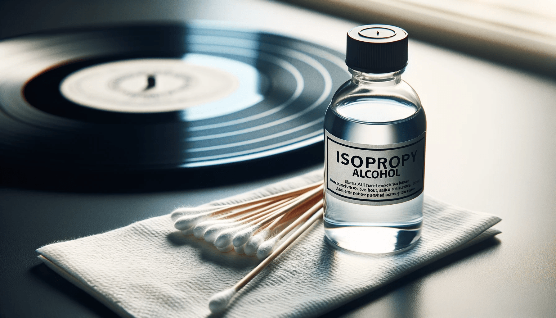 Depicting a cotton swab and a clear bottle labeled 'Isopropyl Alcohol' placed on a table. In the soft-focused background, a vinyl record rests