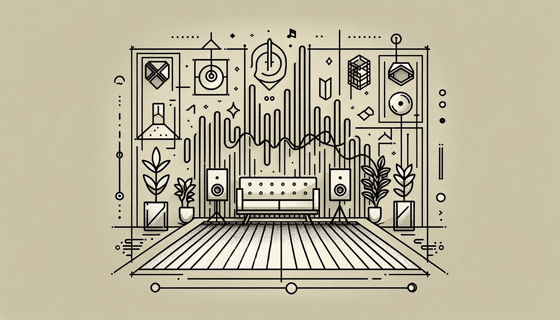 room acoustics, featuring stylized line art depicting sound waves, a geometric outline