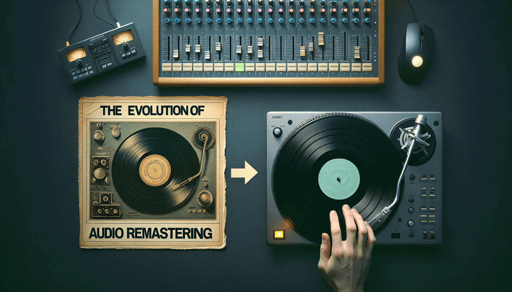 Photo montage showcasing a vintage vinyl record on the left and a digital audio workstation on the right.