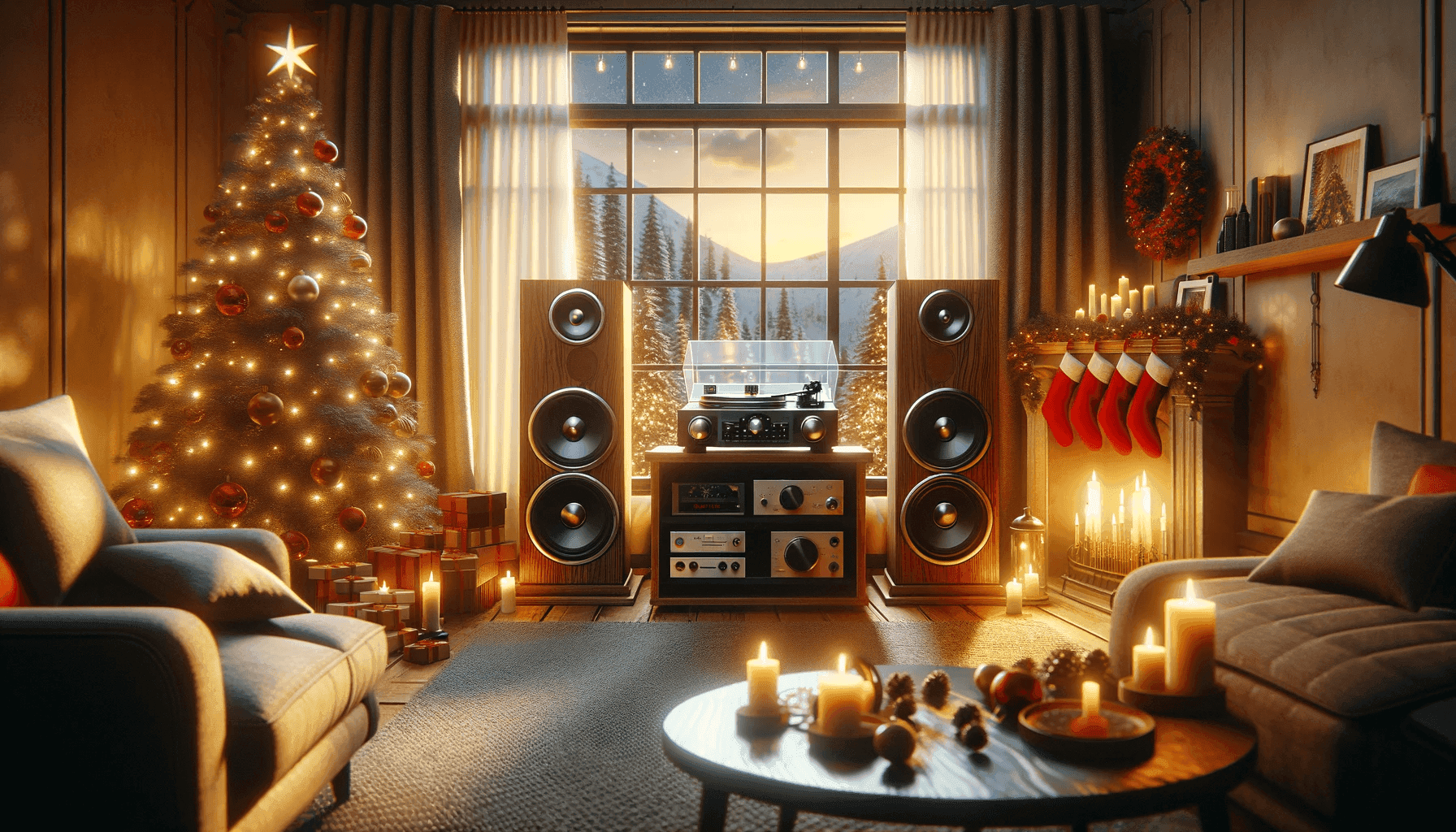 Hi-Fi Christmas playlist and a cozy living room during Christmas