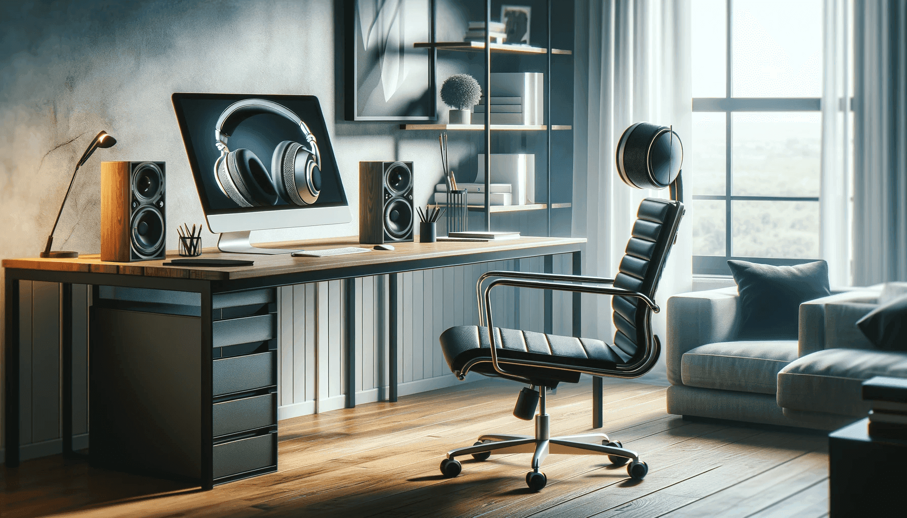 Hi-Fi audio in remote work. A modern, professional home office desk with a computer