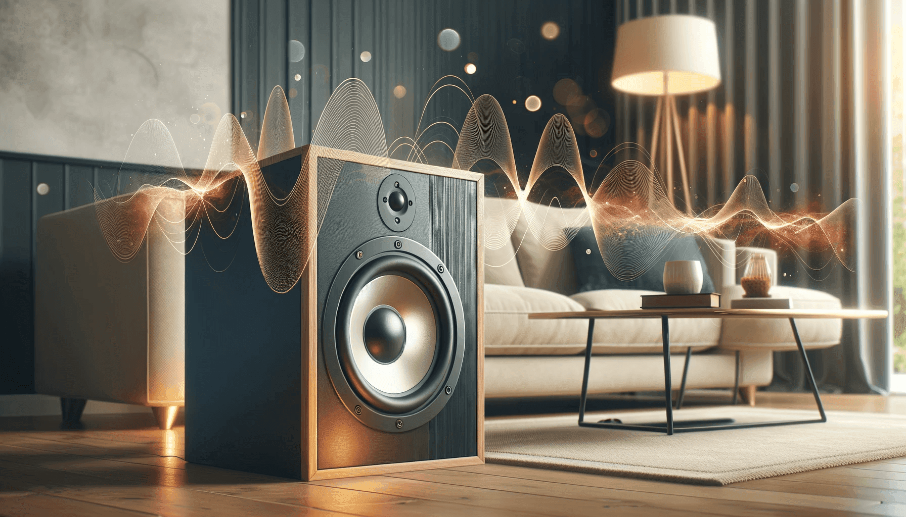 a modern living room focusing on a single speaker. Visible around the speaker are stylized, semi-transparent flutter echoes or waveforms that