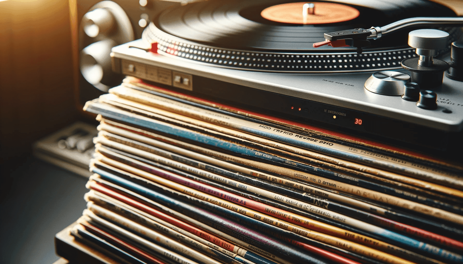 a stack of assorted vinyl records with a soft focus background. The records should display a variety