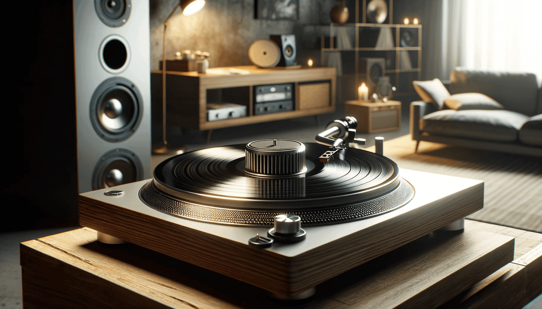 A stylish, modern turntable with a high-quality vinyl record puck