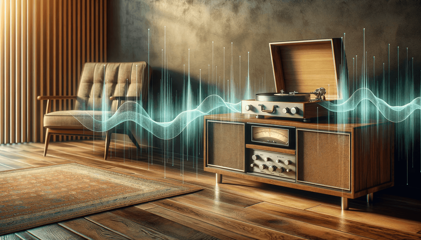 a vintage Hi-Fi system placed elegantly in a room with wooden flooring. Transparent sound wave graphics overlay the picture