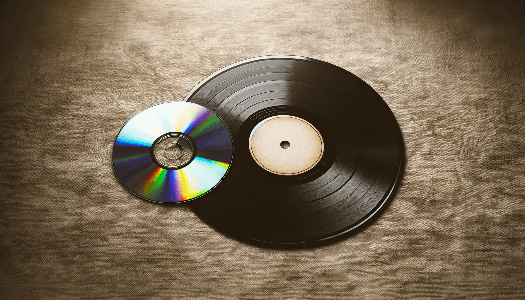 a vintage vinyl record and a CD placed side by side on a soft textured surface. The vinyl exudes nostalgia with its classic design