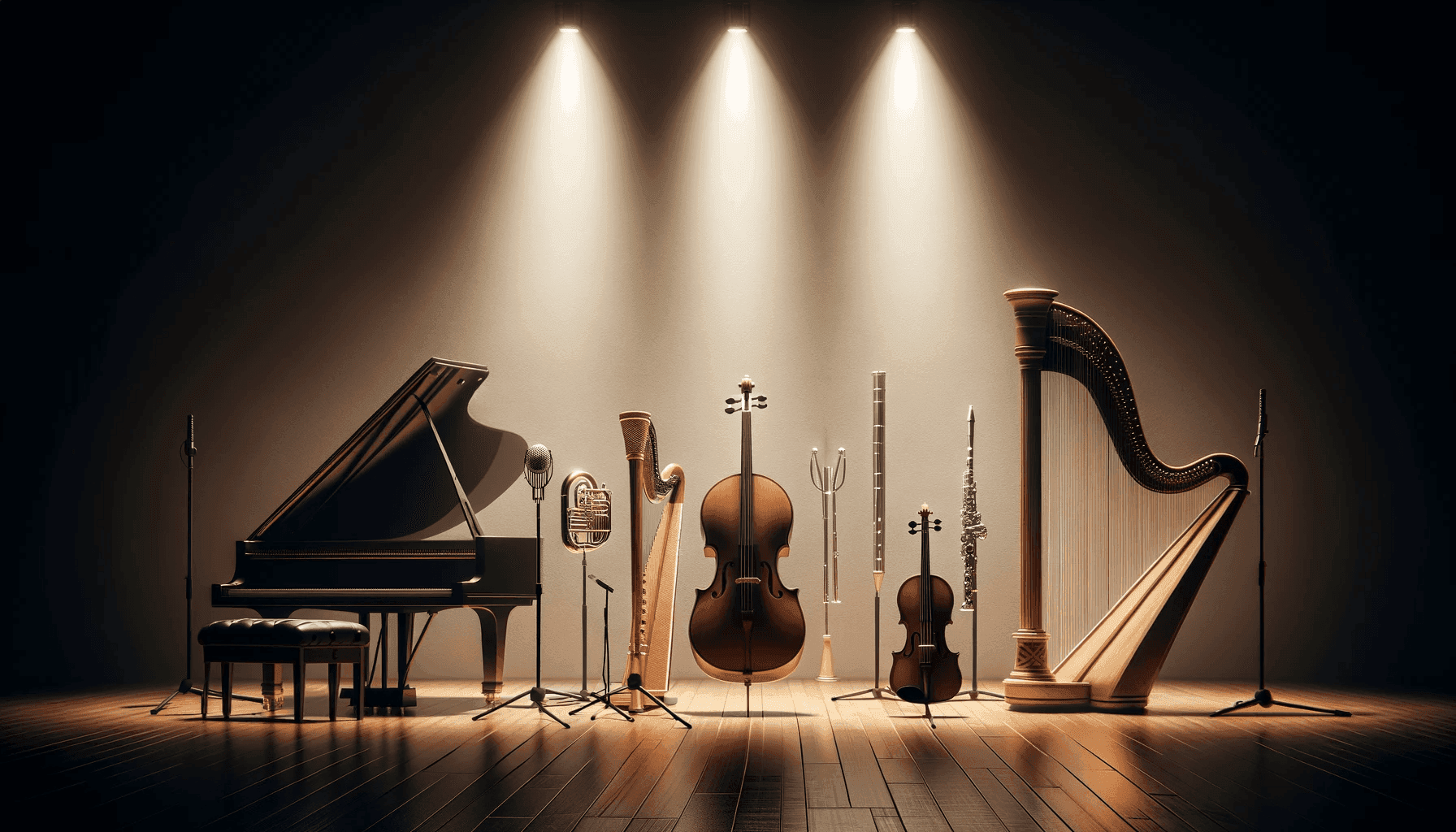 the essence of a soundstage dedicated purely to acoustic performances, featuring a selection of musical instruments
