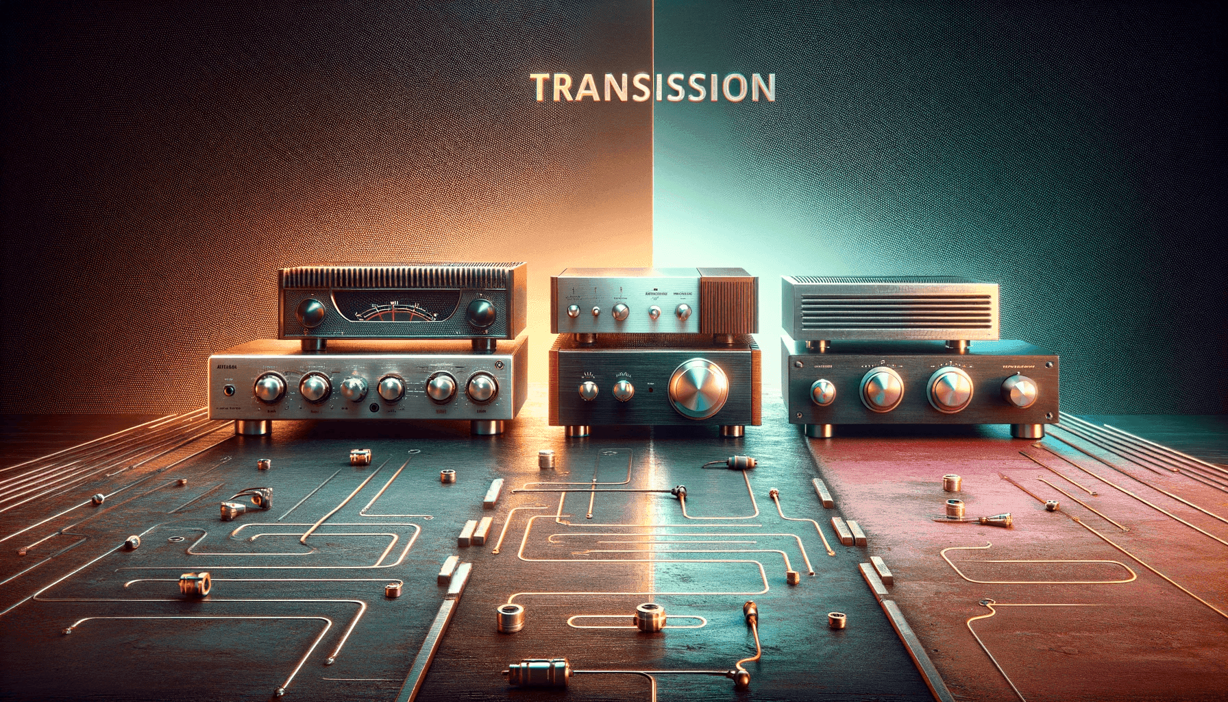 transition in high-fidelity audio. The image features two amplifiers